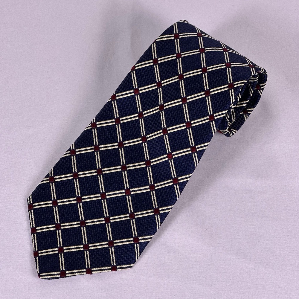 Paul Fredrick Silk Tie Vintage Navy White Striped Jacquard Handmade USA 4"W 57"L